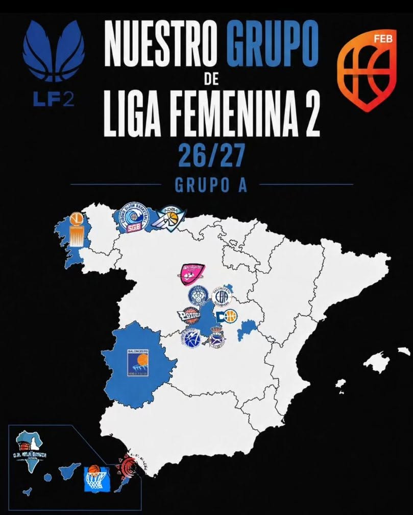 Mapa del Grupo A de Liga Femenina 2 2026/27 con los equipos participantes